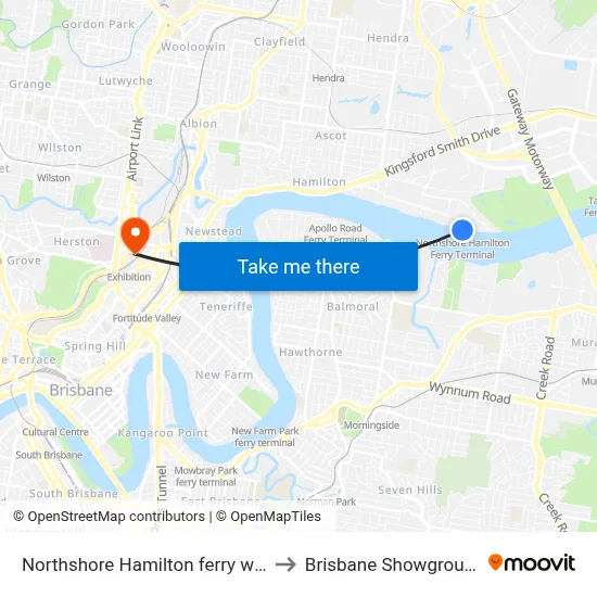 Northshore Hamilton ferry wharf to Brisbane Showgrounds map