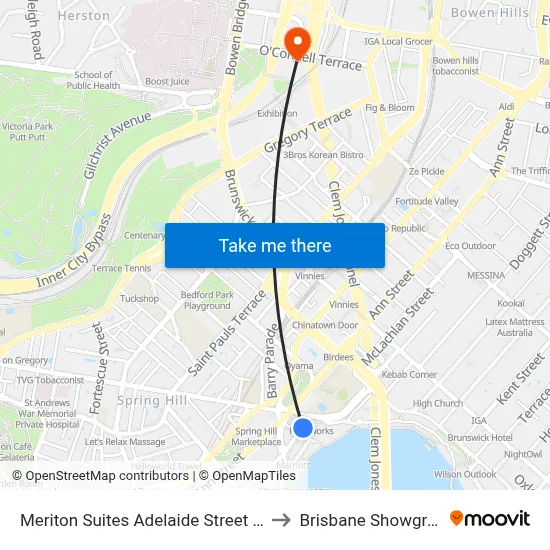 Meriton Suites Adelaide Street Brisbane to Brisbane Showgrounds map