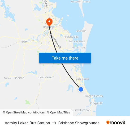 Varsity Lakes Bus Station to Brisbane Showgrounds map