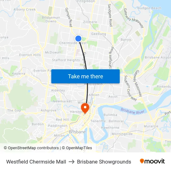 Westfield Chermside Mall to Brisbane Showgrounds map