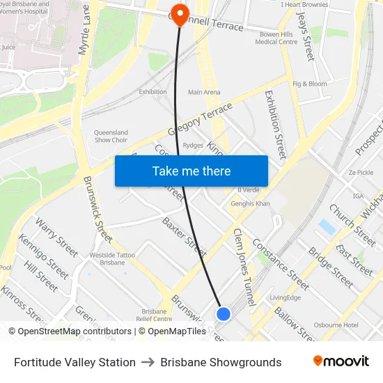 Fortitude Valley Station to Brisbane Showgrounds map