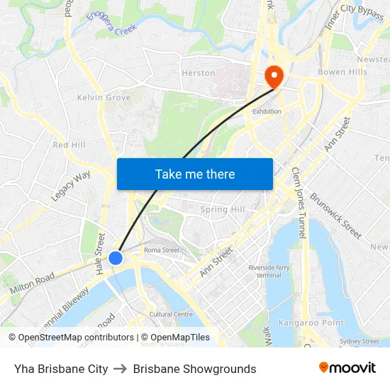 Yha Brisbane City to Brisbane Showgrounds map