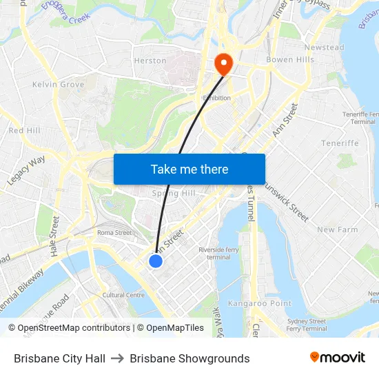 Brisbane City Hall to Brisbane Showgrounds map