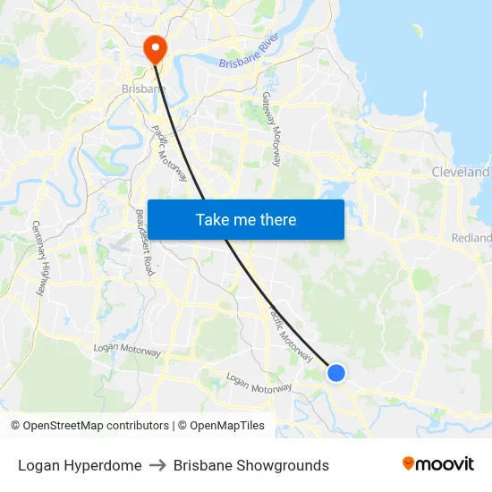 Logan Hyperdome to Brisbane Showgrounds map