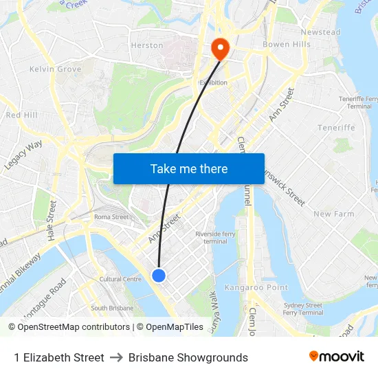 1 Elizabeth Street to Brisbane Showgrounds map