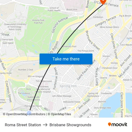 Roma Street Station to Brisbane Showgrounds map