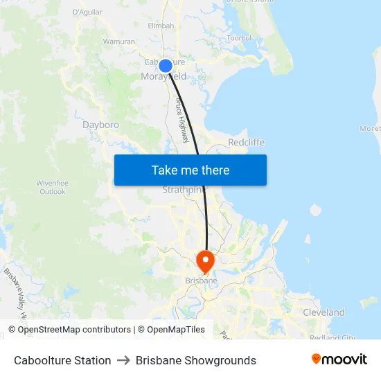 Caboolture Station to Brisbane Showgrounds map