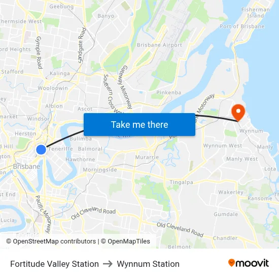 Fortitude Valley Station to Wynnum Station map