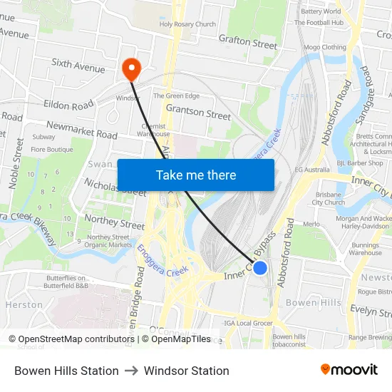 Bowen Hills Station to Windsor Station map