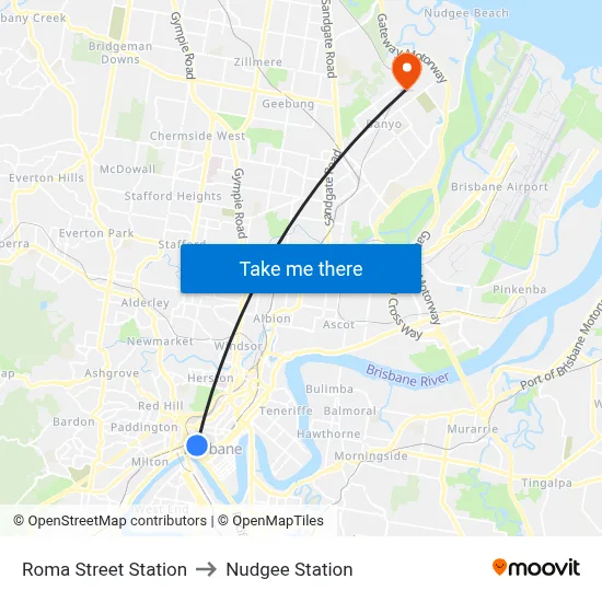 Roma Street Station to Nudgee Station map