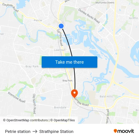 Petrie station to Strathpine Station map