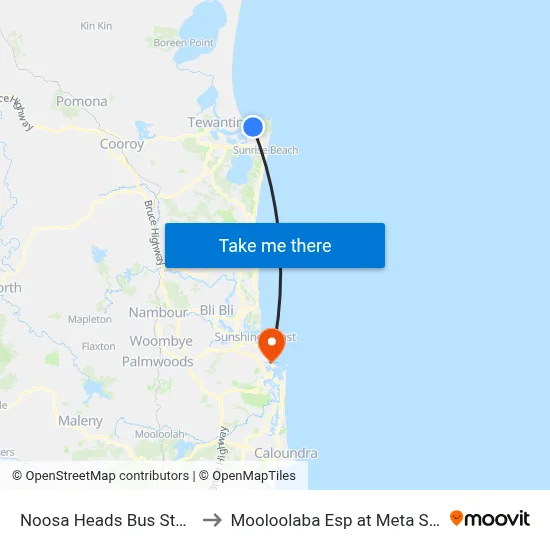 Noosa Heads Bus Station to Mooloolaba Esp at Meta Street map