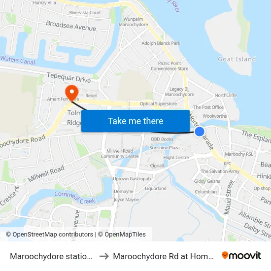 Maroochydore station platform 2 to Maroochydore Rd at Homemaker Centre map