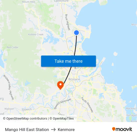 Mango Hill East Station to Kenmore map