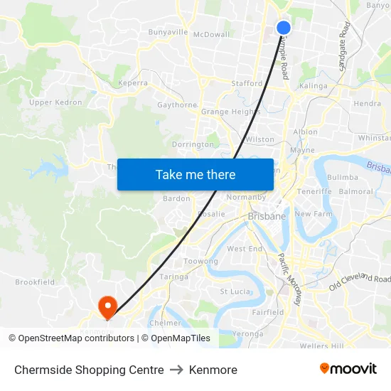 Chermside Shopping Centre to Kenmore map