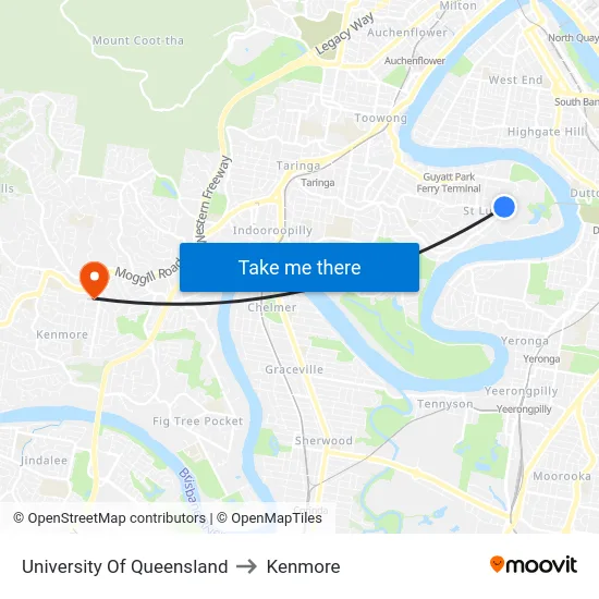 University Of Queensland to Kenmore map