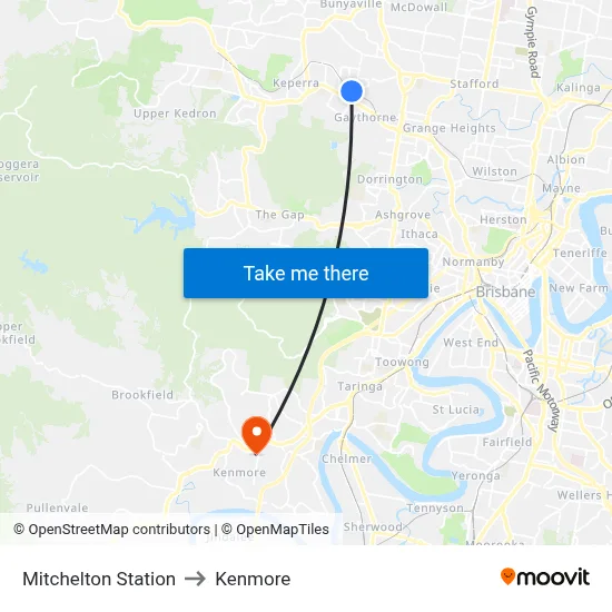 Mitchelton Station to Kenmore map
