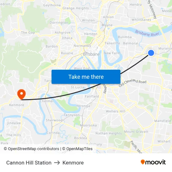 Cannon Hill Station to Kenmore map