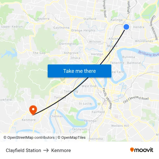 Clayfield Station to Kenmore map
