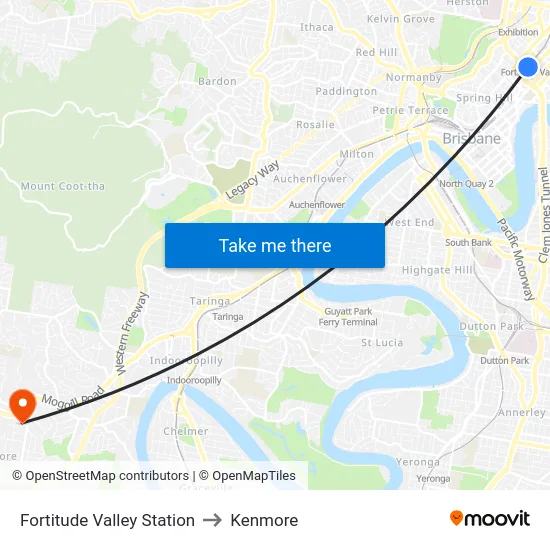 Fortitude Valley Station to Kenmore map