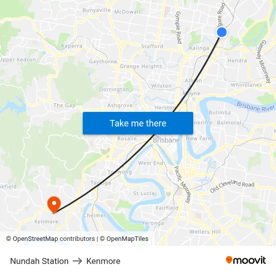 Nundah Station to Kenmore map