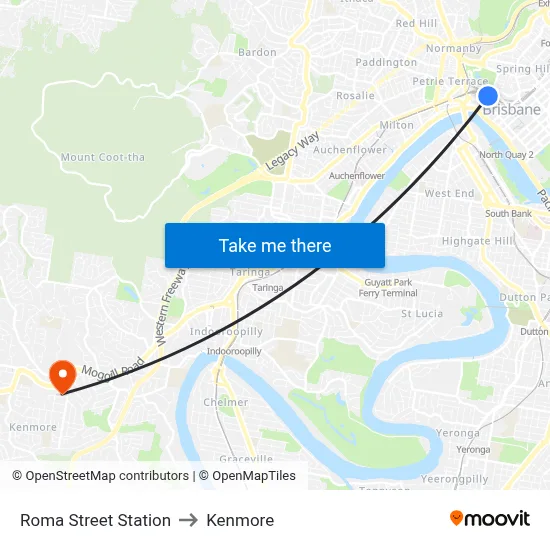 Roma Street Station to Kenmore map
