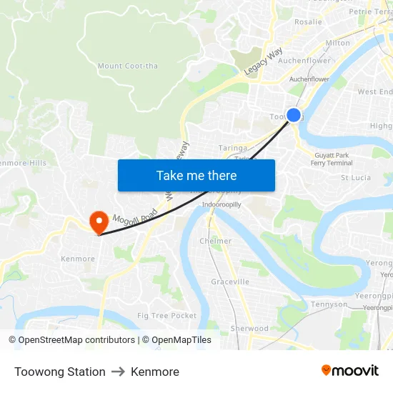 Toowong Station to Kenmore map