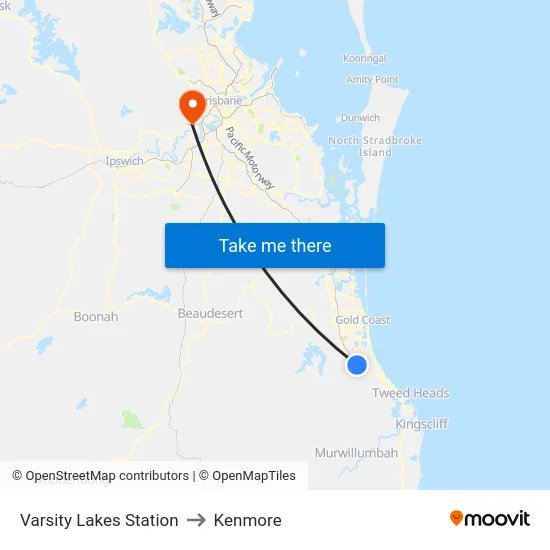 Varsity Lakes Station to Kenmore map