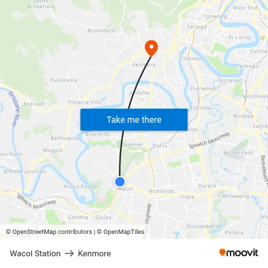 Wacol Station to Kenmore map