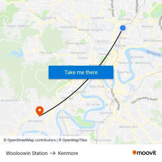 Wooloowin Station to Kenmore map