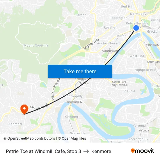 Petrie Tce at Windmill Cafe, Stop 3 to Kenmore map