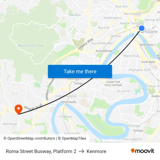 Roma Street Busway, Platform 2 to Kenmore map