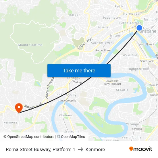 Roma Street Busway, Platform 1 to Kenmore map