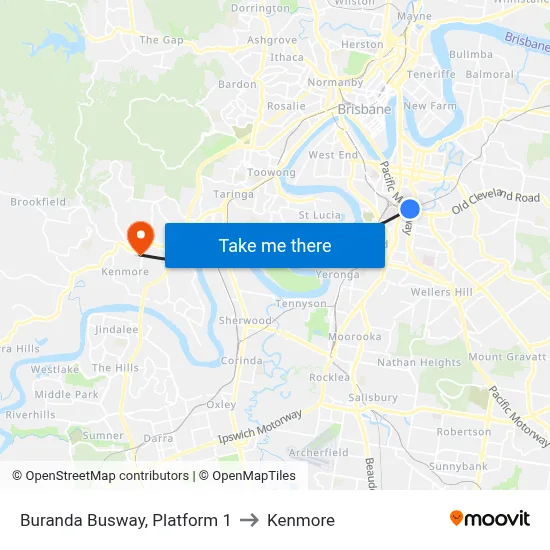 Buranda Busway, Platform 1 to Kenmore map