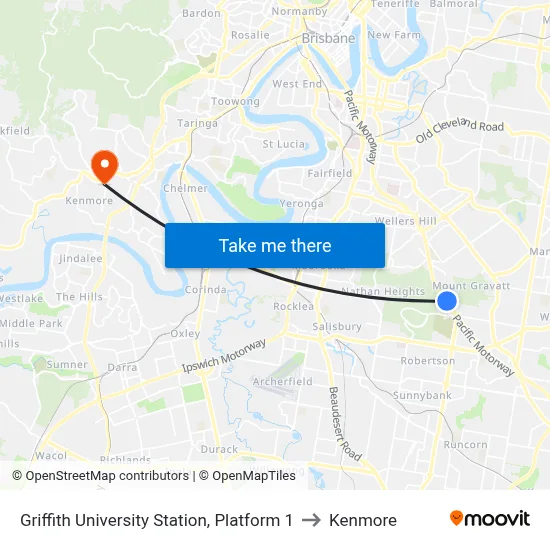 Griffith University Station, Platform 1 to Kenmore map
