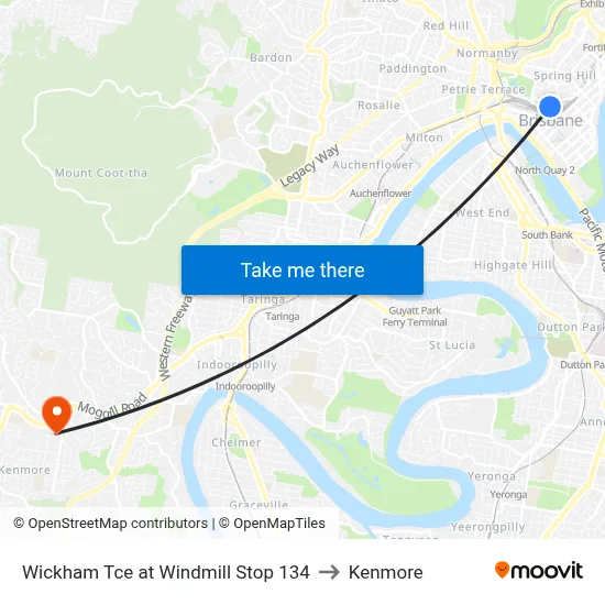 Wickham Tce at Windmill Stop 134 to Kenmore map