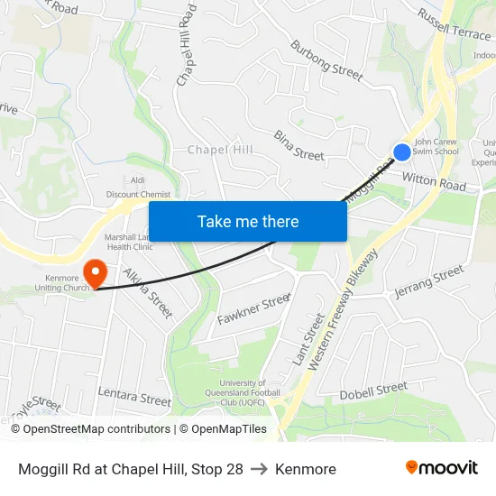 Moggill Rd at Chapel Hill, Stop 28 to Kenmore map