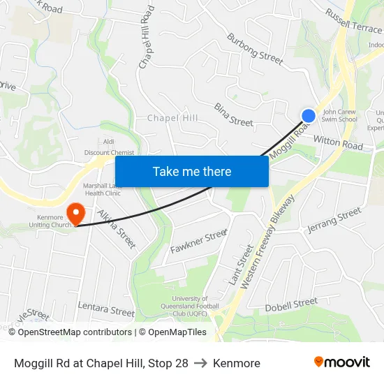 Moggill Rd at Chapel Hill, Stop 28 to Kenmore map