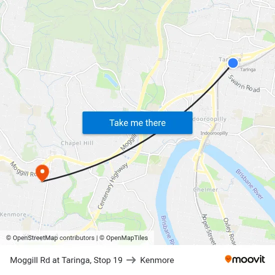 Moggill Rd at Taringa, Stop 19 to Kenmore map