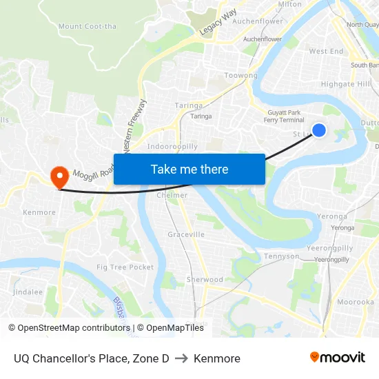 UQ Chancellor's Place, Zone D to Kenmore map