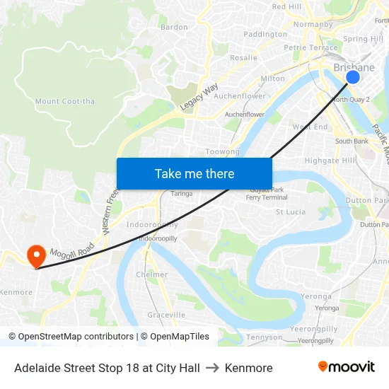 Adelaide Street Stop 18 at City Hall to Kenmore map