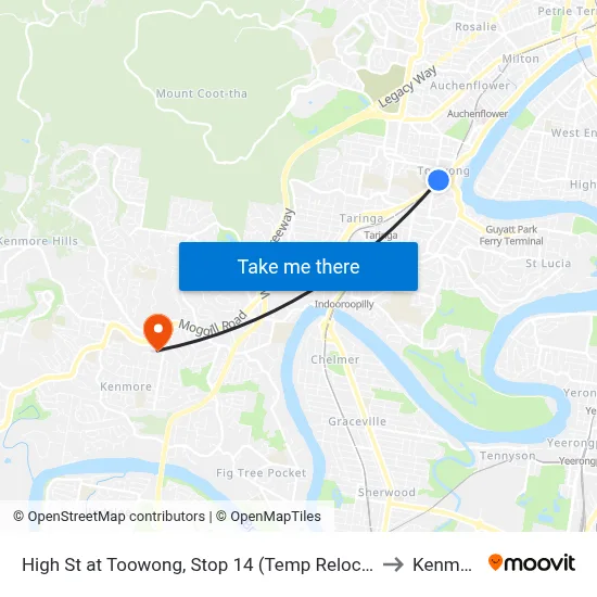 High St at Toowong, Stop 14 (Temp Relocation) to Kenmore map