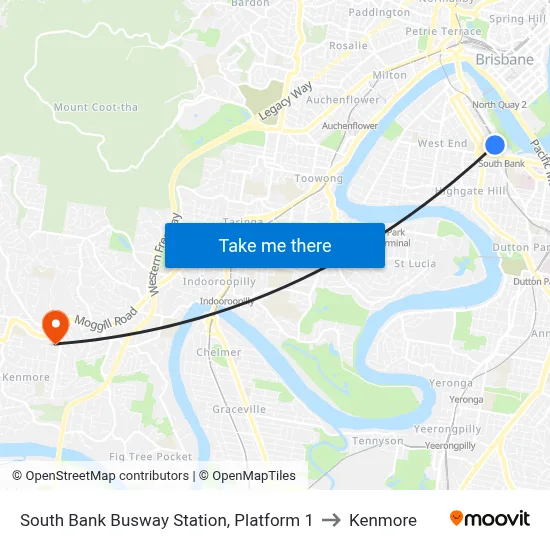 South Bank Busway Station, Platform 1 to Kenmore map