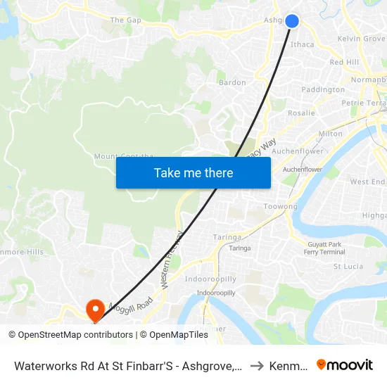 Waterworks Rd At St Finbarr'S - Ashgrove, Stop 16 to Kenmore map
