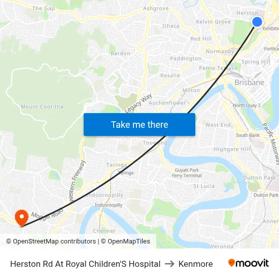 Herston Rd At Royal Children'S Hospital to Kenmore map