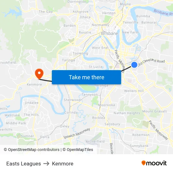 Easts Leagues to Kenmore map