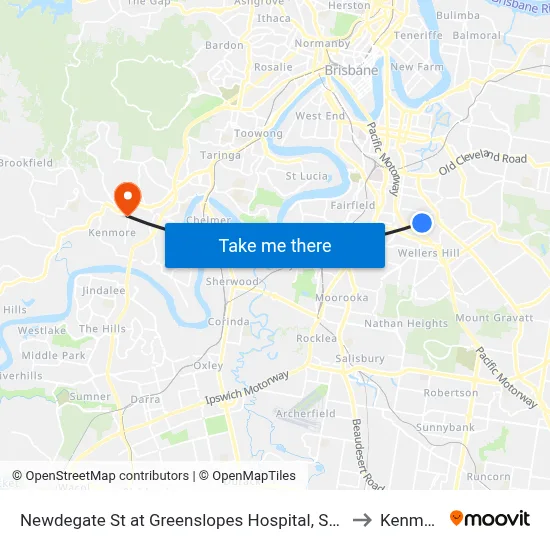 Newdegate St at Greenslopes Hospital, Stop 23 to Kenmore map