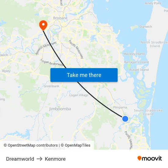 Dreamworld to Kenmore map