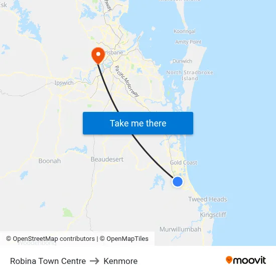 Robina Town Centre to Kenmore map