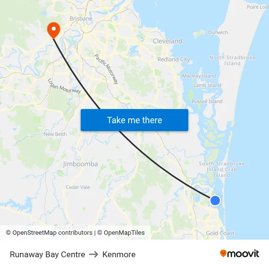 Runaway Bay Centre to Kenmore map